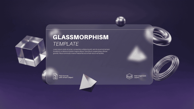 vetromorfismo modello con galleggiante cromo, chiaro, e geometrico 3d oggetti su un' smorzato viola pendenza sfondo psd