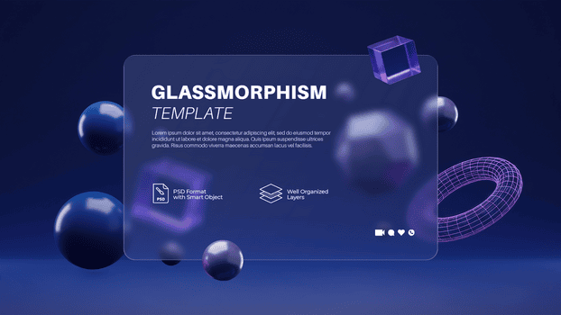 vetromorfismo modello con un' smerigliato ui carta con galleggiante 3d sfere e geometrico forme su un' blu pendenza psd