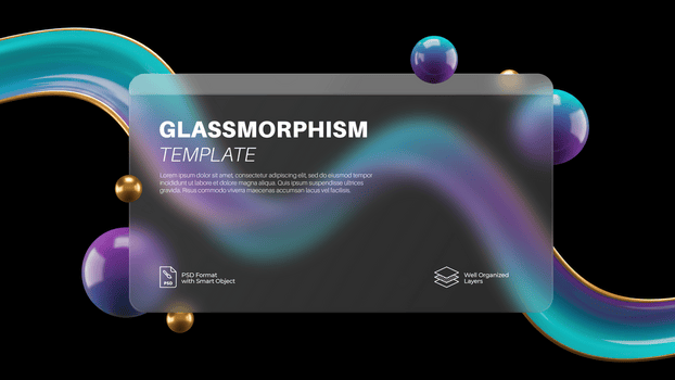 vetromorfismo modello con oro sfere, galleggiante 3d elementi, e un' smerigliato ui carta su un' buio pendenza sfondo psd