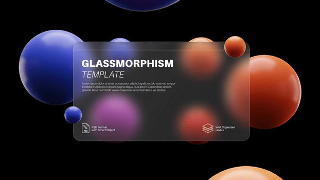 vetromorfismo modello con grande galleggiante blu e arancia 3d sfere circostante un' smerigliato ui carta su un' nero pendenza psd