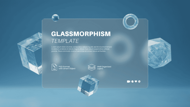 vetromorfismo modello con un' orizzontale smerigliato ui carta galleggiante tra chiaro 3d ghiaccio cubo oggetti su un' blu pendenza psd