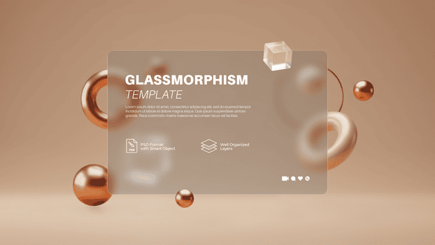 orizzontale vetromorfismo modello con rosa oro 3d oggetti e un' smerigliato ui carta su un' caldo nero di seppia pendenza psd