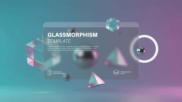 vetromorfismo modello con galleggiante 3d geometrico oggetti, un' smerigliato ui carta, e un' vivace rosa-blu pendenza psd