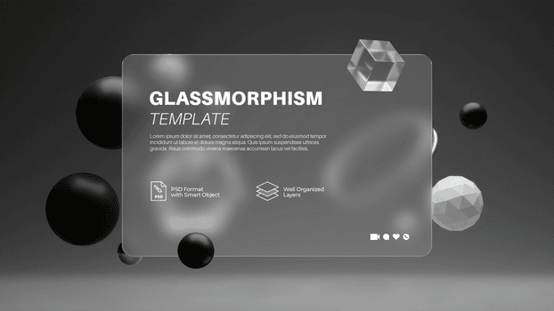 monocromatico vetromorfismo modello con un' smerigliato ui carta con galleggiante Nero, bianca, e chiaro 3d oggetti psd