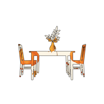 illustratie van dining tafel met vaas en twee stoelen met oranje abstract patronen geïsoleerd Aan transparant achtergrond, perfect voor een modern en artistiek dining kamer png