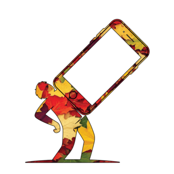 illustration av en man är bärande en stor smartphone på hans tillbaka, isolerat på transparent bakgrund, symboliserar de börda av teknologi och digital förbindelse png