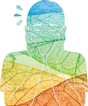 Illustration of a crying person with a colorful leaf pattern isolated on transparent background, expressing sadness and emotional distress with tears streaming down their face png
