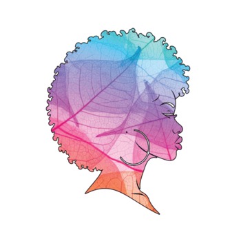 womans profilo con un afro e cerchio orecchini, isolato su trasparente sfondo il Immagine è colorato e ha un' unico design con le foglie e Linee png