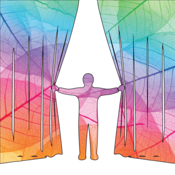 Illustration of a person opening curtains with a colorful leaf pattern, revealing a bright white light, creating a sense of unveiling and transformation isolated on transparent background png