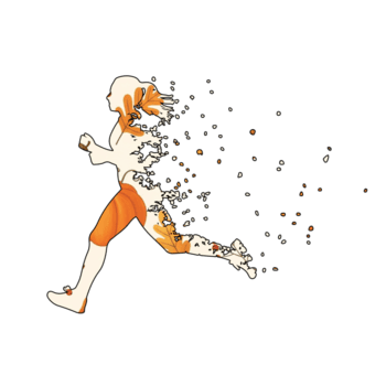 illustrazione di un' persona in esecuzione, isolato su trasparente sfondo, disintegrandosi in particelle, con autunno le foglie e frutti di bosco modello su loro corpo, la creazione di un' dinamico effetto png