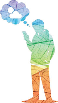 Illustration of stylized illustration of a person using a phone with a cloud thought bubble, isolated on transparent background, filled with leaf pattern png