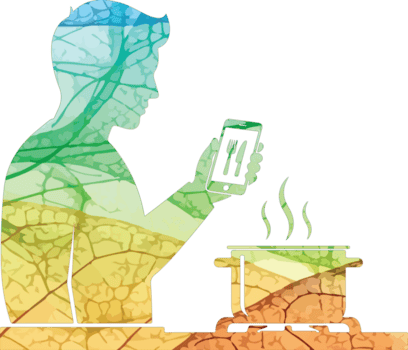 illustrazione di silhouette di un' uomo utilizzando un' smartphone mentre cucinando, sovrapposto con un' natura modello, isolato su trasparente sfondo, che rappresentano moderno vita e tecnologia png