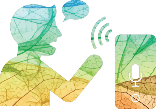 illustrazione di persona utilizzando voce assistente su mobile Telefono isolato su trasparente sfondo il Immagine è un' colorato silhouette con un' foglia modello, suggerendo natura png