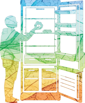 ilustración de silueta de un persona alcanzando dentro un refrigerador, aislado en transparente fondo, lleno con un vistoso hoja patrón, creando un único y artístico efecto png