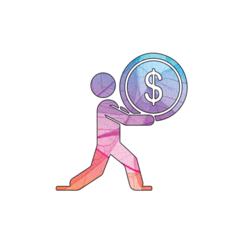 illustrazione di un' persona trasporto un' grande dollaro moneta, isolato su trasparente sfondo il figura è raffigurato nel un' colorato, astratto stile con geometrico modelli png