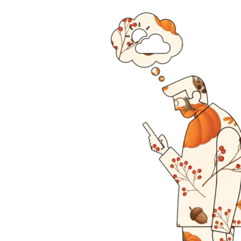 Illustration of a man using a phone with autumn themed patterns, isolated on transparent background he is thinking about the weather and the fall season png