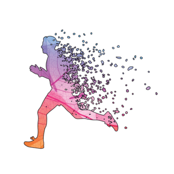 illustrazione di un' dinamico e colorato silhouette di un' corridore disintegrandosi in particelle, isolato su trasparente sfondo, veicolare movimento e trasformazione png