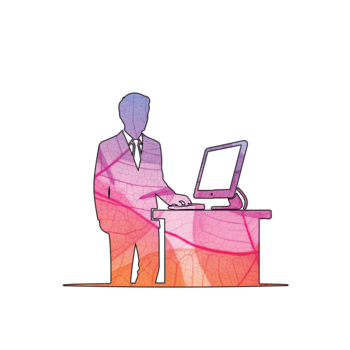 illustration av silhuett av en person arbetssätt på en dator isolerat på transparent bakgrund, visa upp en blad mönster design, blandning teknologi med naturer skönhet png