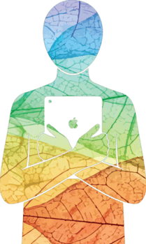 illustrazione di un' persona silhouette Tenere un' tavoletta con un Mela logo, pieno con colorato foglia modelli isolato su trasparente sfondo, la creazione di un' tecnologia della natura fusione png