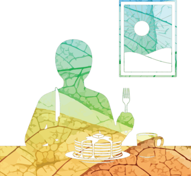 illustration av en person är Sammanträde på en tabell med en stack av pannkakor och en kopp av kaffe, isolerat på transparent bakgrund en målning hänger på de vägg Bakom dem png