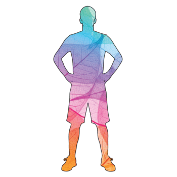 Illustration of a standing figure with colorful geometric pattern isolated on transparent background is presented, showcasing a blend of art and human form png