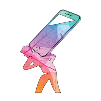 illustration av en person bärande en stor smartphone isolerat på transparent bakgrund, med en blad mönster och en lutning från blå till orange, symboliserar börda png