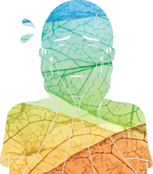 Illustration of distressed person with hands on face, isolated on transparent background, overlaid with colorful, textured pattern, conveying emotion and inner turmoil png
