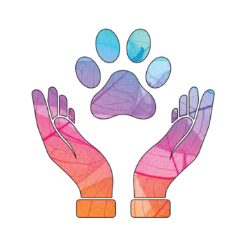 Illustration of a pair of hands holding a paw print, isolated on transparent background the hands and the paw print are filled with colorful leaves pattern png