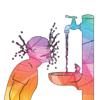 Illustration von ein Person Trinken Wasser von ein Brunnen, isoliert auf transparent Hintergrund, mit ein bunt und texturiert Design mit Blatt Muster png