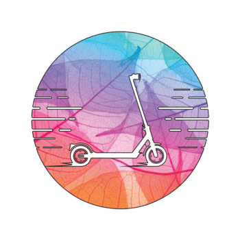 Illustration von ein Roller, isoliert auf transparent Hintergrund, mit ein bunt und texturiert Design mit Blatt Muster innerhalb ein kreisförmig Rahmen png