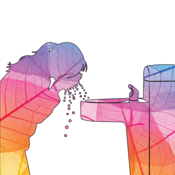 illustrazione di persona potabile a partire dal un' acqua Fontana isolato su trasparente sfondo, raffigurato con un' colorato foglia modello sovrapposizione, la creazione di un artistico e unico design png