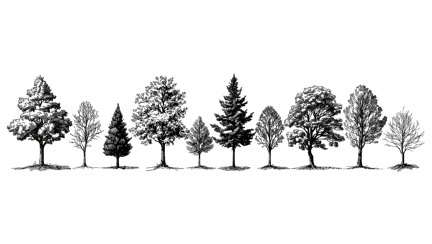 rij van aftekenen bomen tegen een transparant canvas, benadrukkend structuur en vorm voor ontwerp png