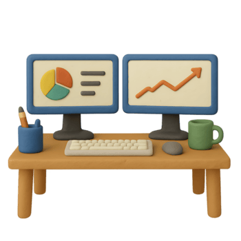Claymation office desk with dual monitors displaying business charts and graphs. png