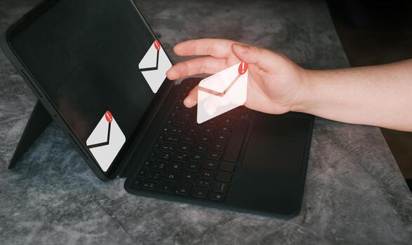 Woman use tablet with futuristic interface managing inbox mail. Protect against internet dangers. Junk and trash mail. Compromised information. photo