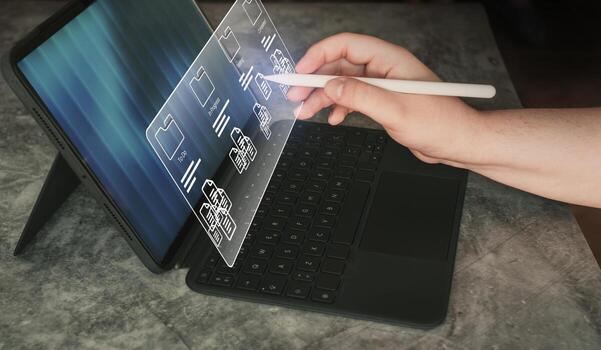 Business developer. Woman use software for project management on digital tablet with futuristic interface. Artificial Intelligence tool for fast changes. photo