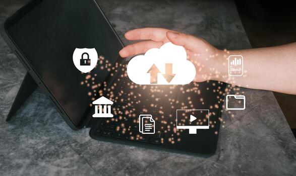 Woman use cloud technology computing network on digital tablet. Backup and data storage. Networking and digital online service concept. photo