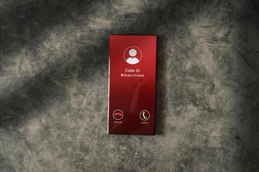 Top view of smartphone receiving unwanted call. Phone call from anonymous number. Scam, fraud or phishing smartphone concept. Stranger calling. photo