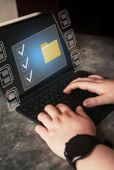 Woman use digital tablet with Document management System. Select business data folders financial information. Enterprise Resource Planning concept. photo