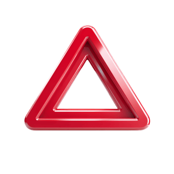 A glossy red triangular warning sign with a metallic border on transparent background png