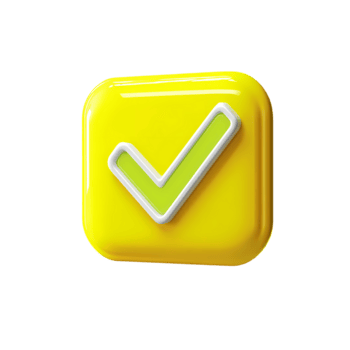 Glossy yellow square button with a green checkmark 3d render on transparent background png