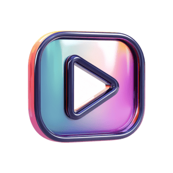 Iridescent play button icon with chrome frame on transparent background png