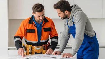 Two men in work attire focus on detailed project plans in a modern office setup. They collaborate and analyze documents to ensure every aspect is covered for upcoming tasks video