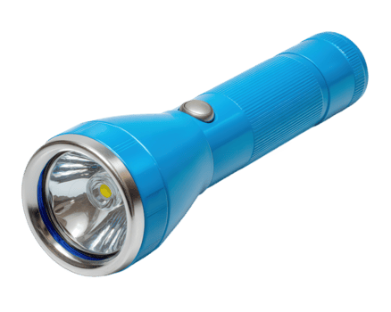 blu portatile torcia elettrica attrezzo per illuminazione. elettrico torcia con luminosa leggero isolato su trasparenza sfondo, utile oggetto per emergenza, sicurezza, e campeggio png