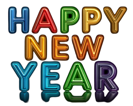 gloeiend gelukkig nieuw jaar neon teken met kleurrijk tekst. deze blij en feestelijk 3d renderen met reflectie perfect ontwerp element voor vakantie partij viering png