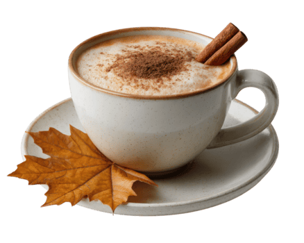 warm, gemütlich Cappuccino im Tasse mit Zimt Stock und Herbst Blatt. diese Kaffee trinken ist perfekt zum fallen brechen, aromatisch Getränk mit Schaum und würzen png