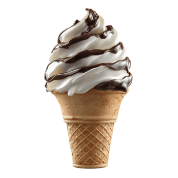 Tempting vanilla soft serve with chocolate drizzle on crispy cone on transparent background png