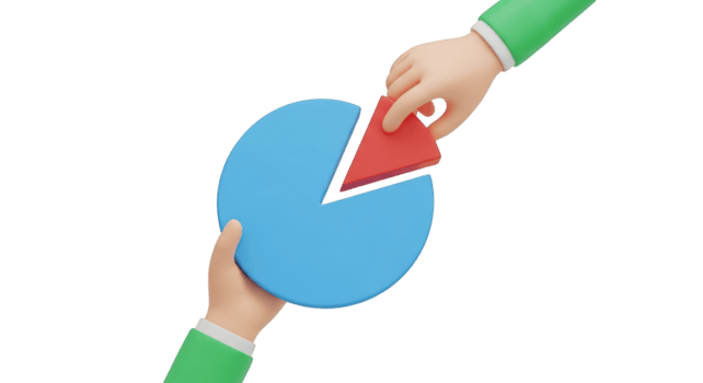 Hands assembling blue pie chart with red slice isolated on a transparent background data analysis png