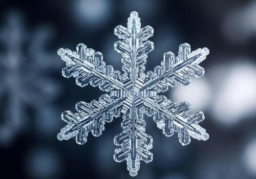Close-Up Macro Photography of Intricate Transparent Snowflake Crystal with Detailed Symmetrical Ice Patterns on Blurred Winter Background photo