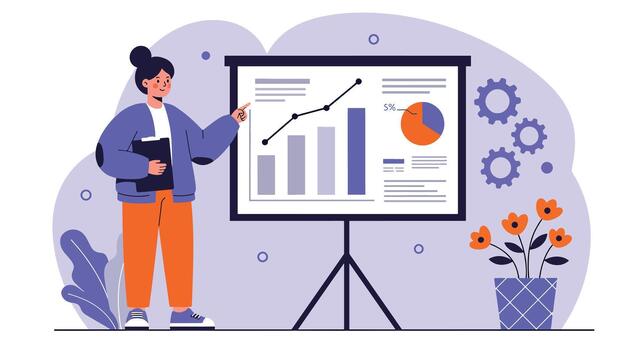 mujer de negocios presentación financiero crecimiento datos en pantalla. vector