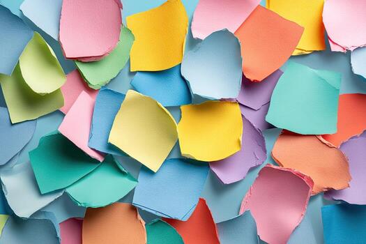 vistoso papel residuos dispersado en un ligero azul antecedentes foto